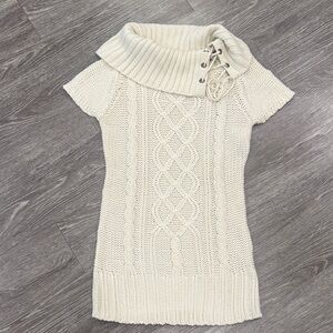 Cream Cable Knit Short-Sleeve Cowl Sweater with Lace-Up Neck